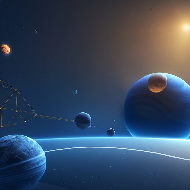 A futuristic, sleek, and minimalist illustration of a 3D solar system model on a dark blue background, surrounded by orbiting lines, planets, and stars, with a subtle glow effect and futuristic UI elements.