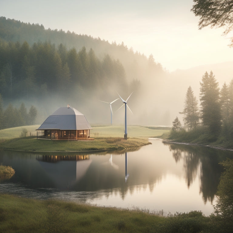 A serene, misty morning landscape with a modern, sustainable cabin in the distance, surrounded by a wind turbine, solar panels, and a hydroelectric generator, amidst lush greenery and a calm lake.