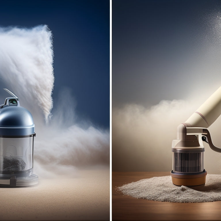 An illustration of various dust removal methods, featuring a split-screen comparison of a vacuum cleaner, duster, and wet cloth, with swirling dust particles, fibers, and textures in the background.