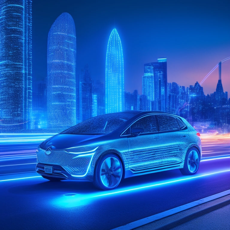 An illustration depicting a futuristic autonomous vehicle with glowing blue circuits and wires, surrounded by swirling electrons and atoms, set against a dark blue background with subtle cityscape silhouettes.