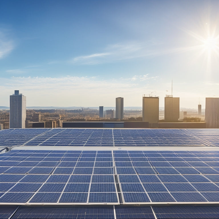 A sunny rooftop with multiple rows of sleek, black commercial solar panels installed at an angle, surrounded by cityscape and a few puffy white clouds in a clear blue sky.