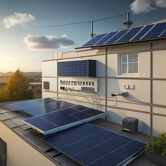 A photorealistic illustration of a residential rooftop solar panel system, showcasing a sleek inverter mounted on a wall, connected to a string of panels, with conduit and wiring neatly organized.