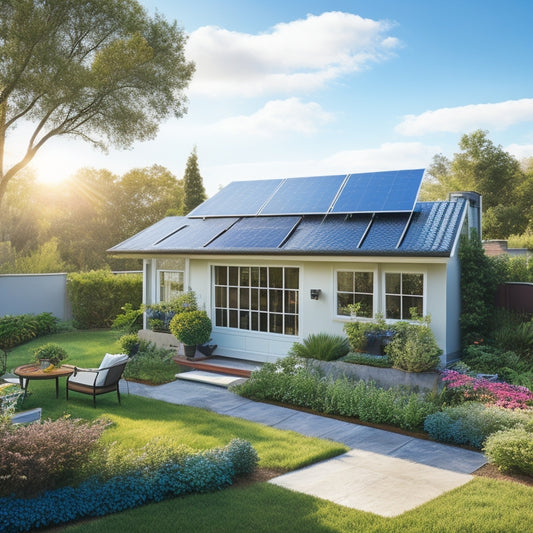 A serene, sunny backyard with a residential rooftop solar panel system, featuring a mix of angled and flat panels, surrounded by lush greenery and a subtle, gradient blue sky.