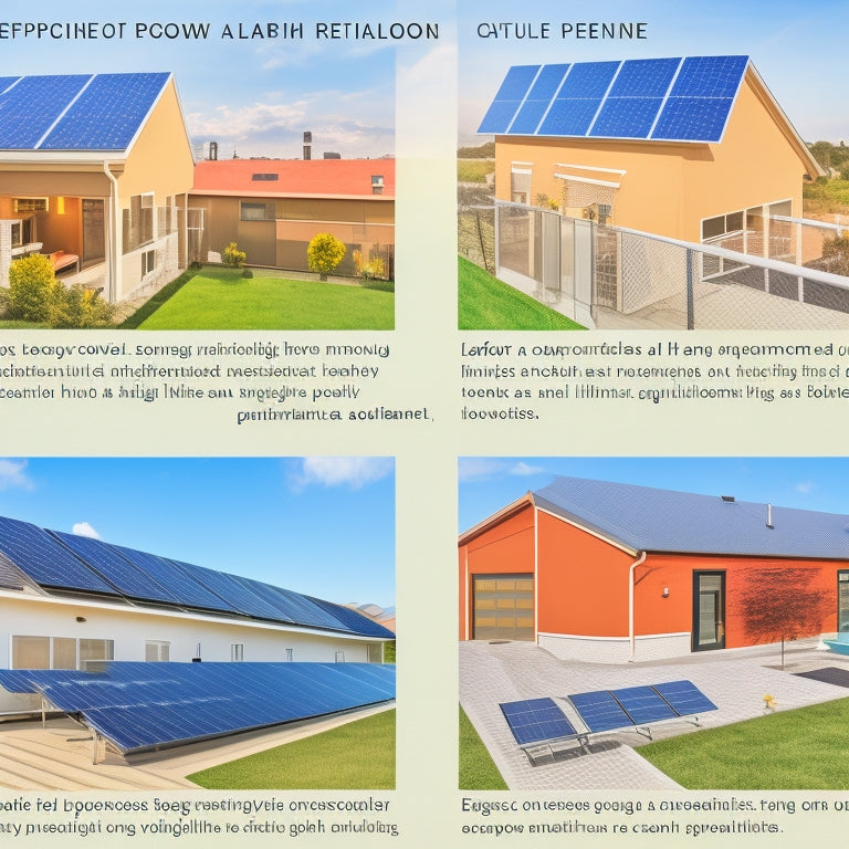 Illustrate a split-screen diagram with a rooftop solar panel installation on one side and a breakdown of cost components on the other, featuring icons for equipment, labor, permits, and installation.