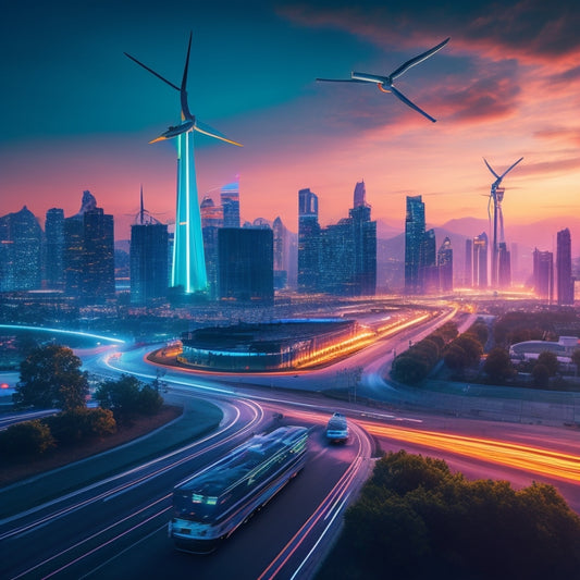 A futuristic cityscape at dusk, with sleek skyscrapers and flying cars zipping by, illuminated by neon lights, amidst a backdrop of wind turbines and solar panels harnessing renewable energy.