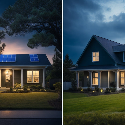 A split-screen image: on the left, a darkened home with a drained battery icon, contrasted with a bright, lit home on the right, powered by a fully charged solar battery backup system.