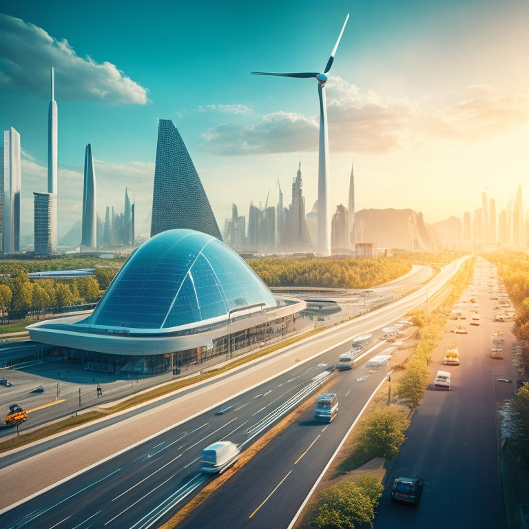 A futuristic cityscape with sleek, modern buildings and roads, powered by a sprawling network of solar panels, wind turbines, and electricity-generating bicycles, under a bright blue sky.