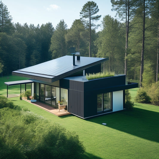 A serene, modern eco-home with a lush green roof, surrounded by trees and a clear blue sky, featuring sleek, black solar panels seamlessly integrated into the roof's angular design.