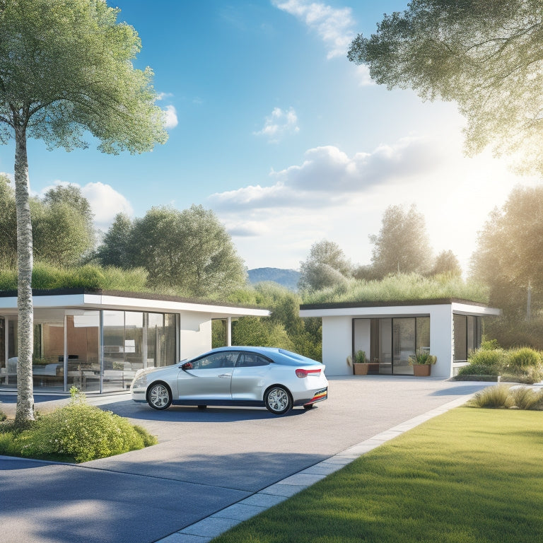 A serene, eco-friendly landscape with a few electric vehicles parked in front of a sleek, modern home, surrounded by lush greenery and a sunny sky with a few fluffy white clouds.