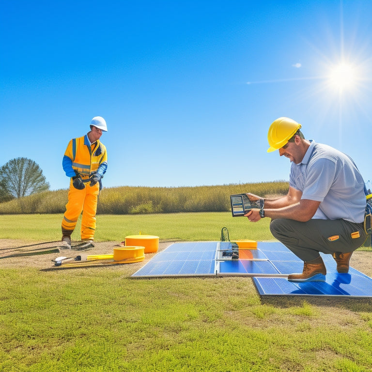 A sunny backyard with a technician in a yellow hard hat and reflective vest, kneeling beside a partially installed solar panel array, surrounded by tools and wiring, against a clear blue sky.