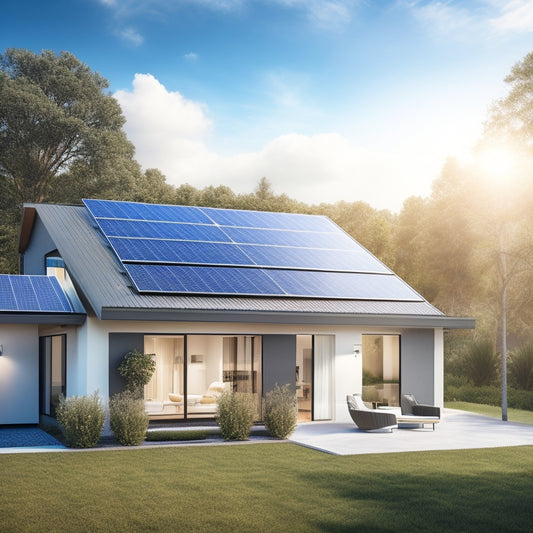 An illustration of a modern home with a sleek, silver battery storage system installed next to a solar panel array on the roof, surrounded by lush greenery and a bright blue sky.