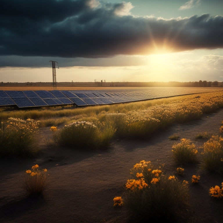 A darkened landscape with broken, rusted solar panels scattered across a deserted field, surrounded by withered plants and a faint, ominous cloud covering a dim sun.