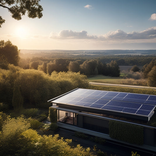 A serene, sun-drenched landscape with sleek, black solar panels installed on a modern rooftop, surrounded by lush greenery, with a sleek, metallic battery storage unit in the foreground.