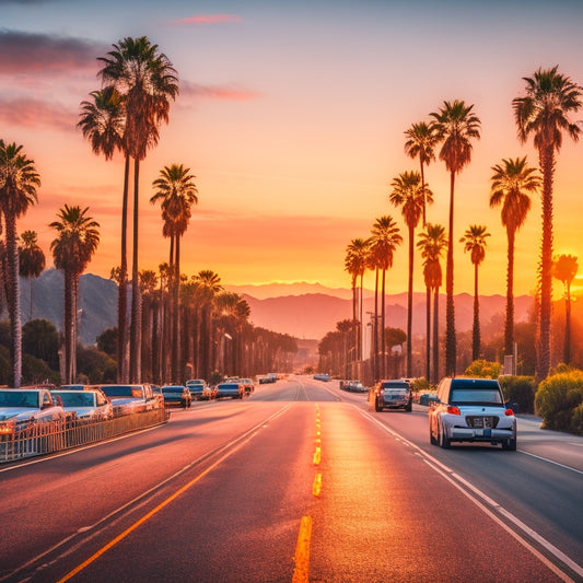 A scenic California highway at sunset with a few electric vehicles driving by, surrounded by palm trees, with a subtle California state flag pattern in the background.