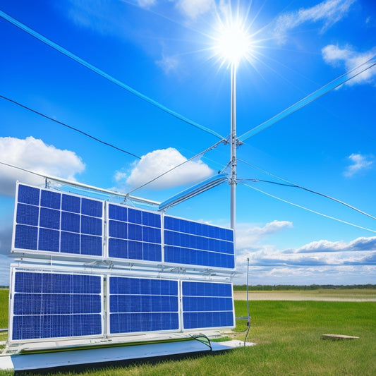 A diagram featuring a solar panel array with 7 numbered, color-coded wires connecting to a junction box, inverter, and electrical panel, set against a bright blue sky with fluffy white clouds.