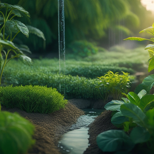 An illustration depicting a lush, green garden with a drip irrigation system in the foreground, featuring emitters and tubes that weave around the plants, set against a subtle water droplet-patterned background.