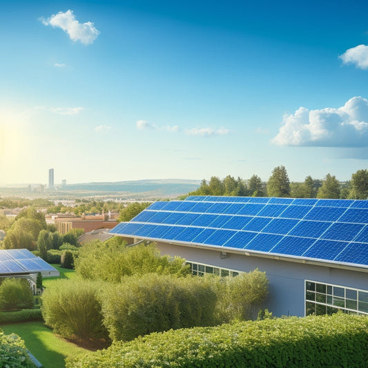 A bright blue sky with fluffy white clouds, a small cityscape or town in the distance, and a cluster of rooftops with various sizes of solar panels installed, with a few trees and greenery surrounding the buildings.