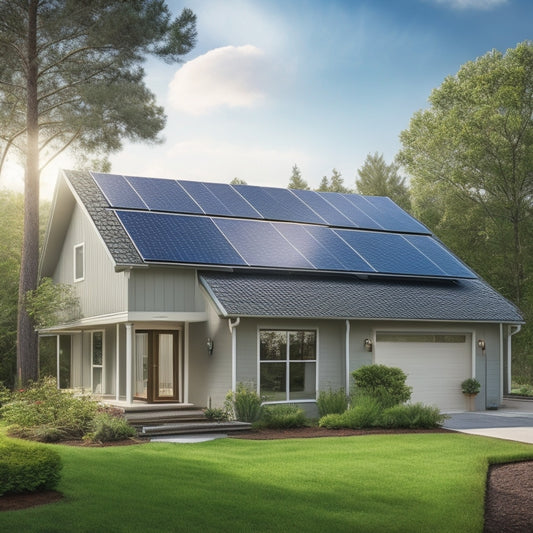 A serene suburban home with a sloping roof, surrounded by lush greenery, featuring a sleek solar panel array on the roof, with a subtle grid pattern, and a small inverter unit on the side wall.