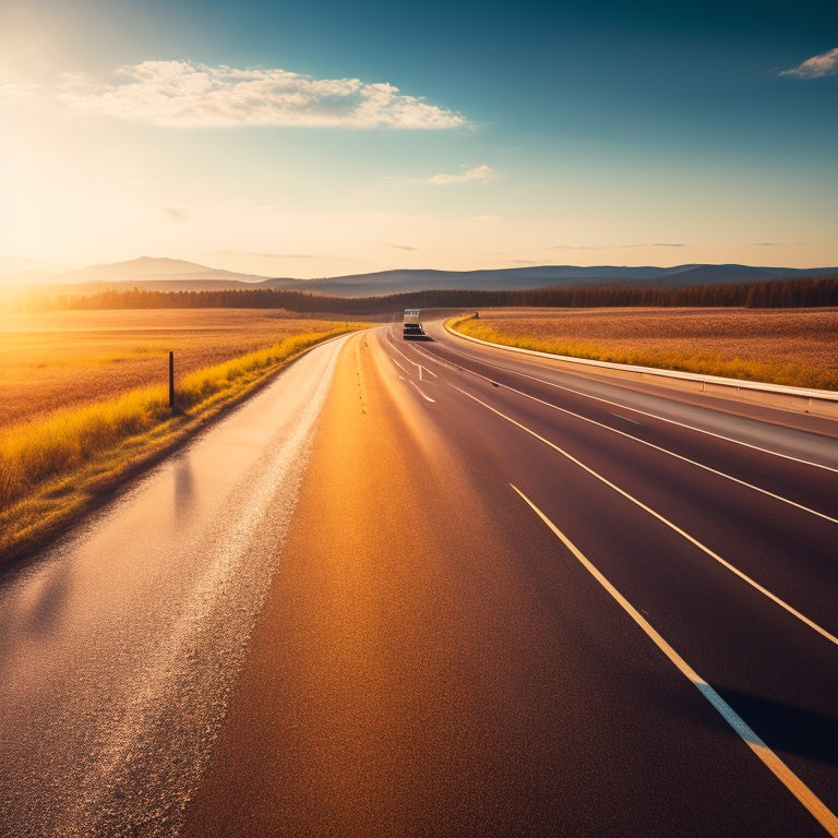 A serene, sunny highway scene with a single, sleek car maintaining a safe distance from the vehicle ahead, staying within the lane markings as the road gently curves into the horizon.