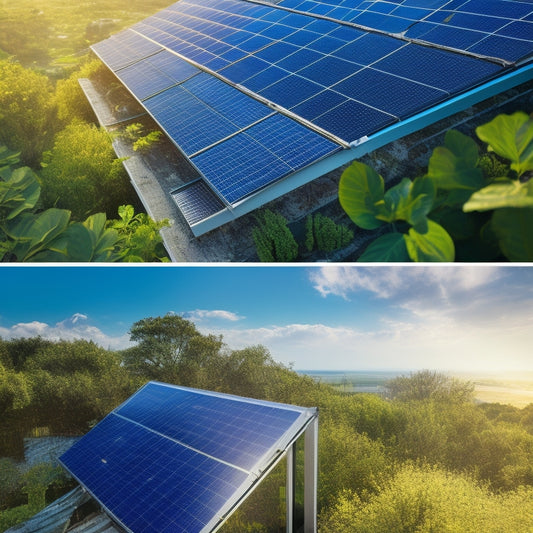 A split-screen illustration: a rooftop with sleek, black solar panels on one side, surrounded by lush greenery and a bright blue sky; on the other side, a cluttered, worn-out rooftop with damaged panels and tangled wires.