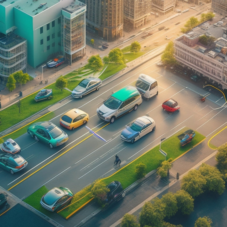 An illustration of a city map with various electric vehicle charging stations marked, each denoted by a green lightning bolt icon, surrounded by cars of different models and colors.