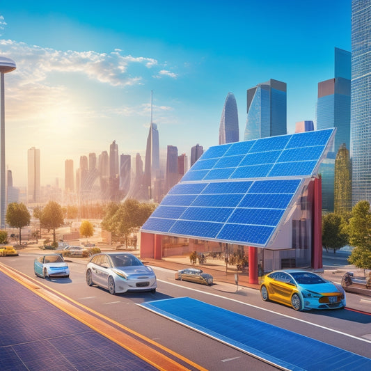 An illustration of a futuristic cityscape with sleek, electric cars parked in front of modern buildings, each with solar panels integrated into their roofs and facades, amidst a bright blue sky.