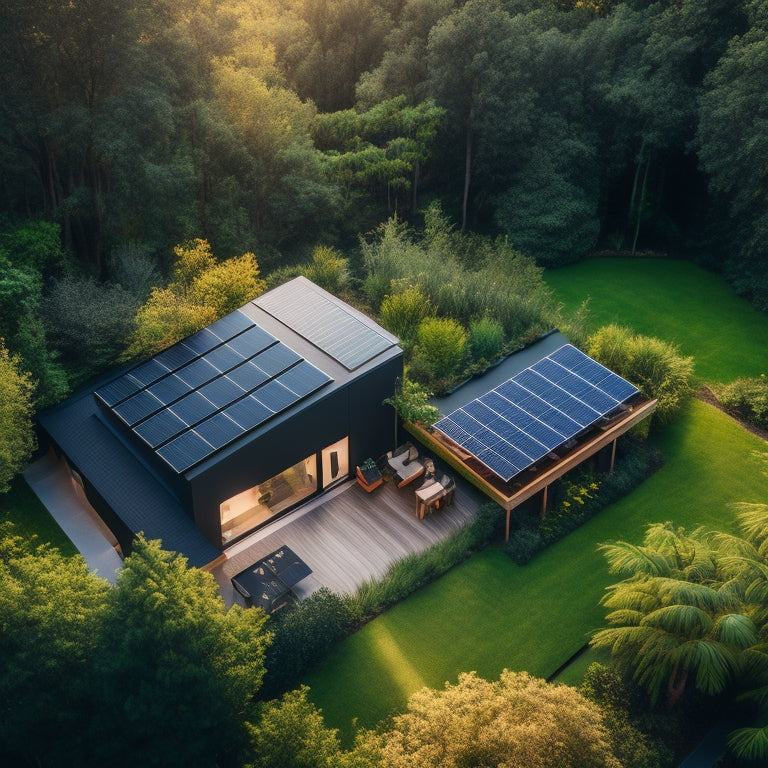 Aerial view of a modern, eco-friendly home with a sleek, black solar roof, surrounded by lush greenery, with a subtle glow emanating from the panels, conveying efficiency and sustainability.