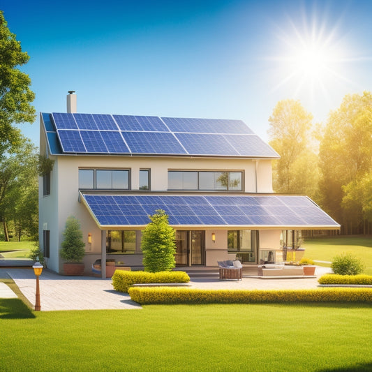 An illustration of a residential house with solar panels on the roof, surrounded by greenery and a sunny blue sky, with a subtle dollar sign pattern in the background, and a few calculators scattered around the lawn.