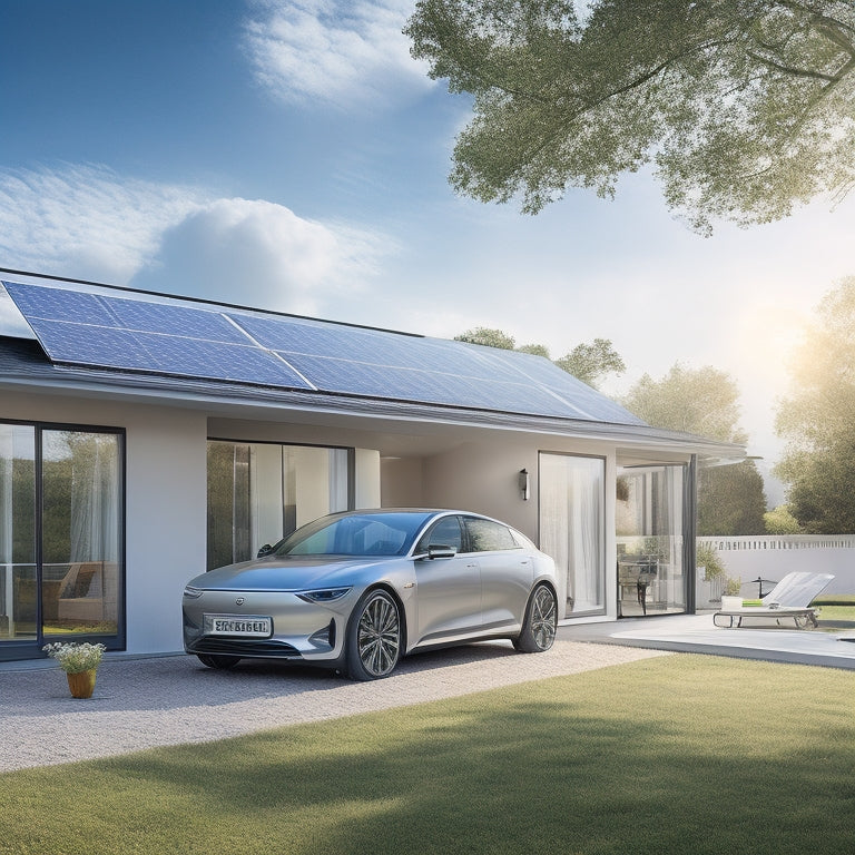 A bright, sunny day with a sleek, silver electric vehicle parked in front of a modern, eco-friendly home, surrounded by solar panels and various EV accessories.