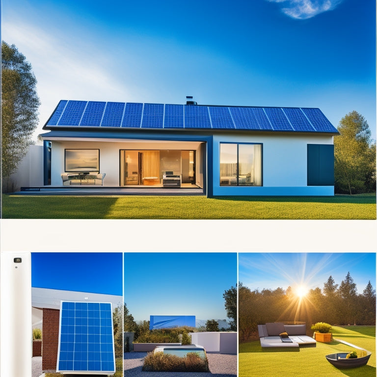 A modern, sleek home with a rooftop solar panel array, a wall-mounted battery storage system, and a smart home energy management system displayed on a tablet, set against a bright blue sky.