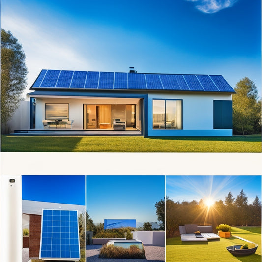 A modern, sleek home with a rooftop solar panel array, a wall-mounted battery storage system, and a smart home energy management system displayed on a tablet, set against a bright blue sky.