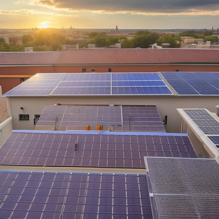 Aerial view of a rooftop with solar panels installed at an angle, surrounded by skylights, vents, and chimneys, with a subtle cityscape in the background, highlighting roof obstructions and layout challenges.