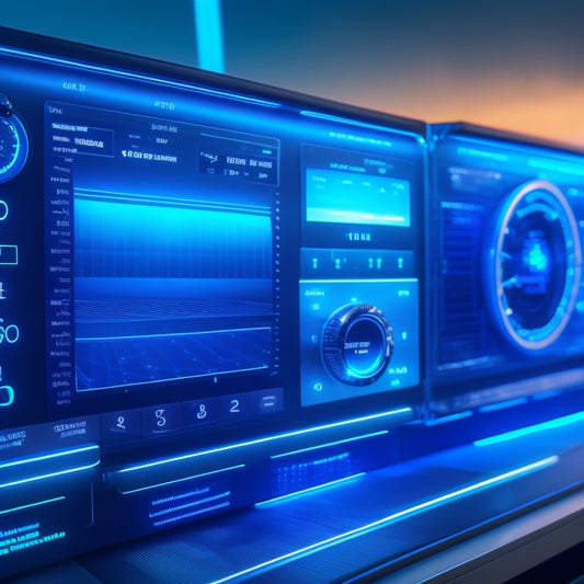 A futuristic dashboard displaying a miniature solar panel array with blinking blue lights, surrounded by circular gauges, graphs, and charts, set against a dark blue background with subtle grid patterns.