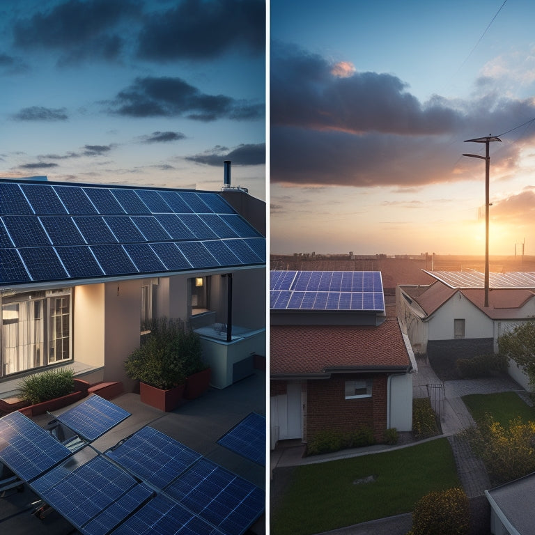 A split-screen image featuring a rooftop with solar panels on one side and a conventional electricity meter on the other, with contrasting bright and dim lighting, and varying meter speeds.