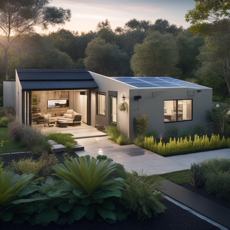 A serene backyard with a modern home, rooftop solar panels, and a sleek, compact battery storage system with a subtle glow, surrounded by lush greenery and a few solar-powered outdoor lights.