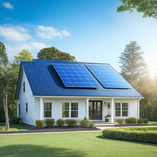 A serene suburban home with sleek, black solar panels installed on its roof, surrounded by lush green trees and a bright blue sky with a few puffy white clouds.