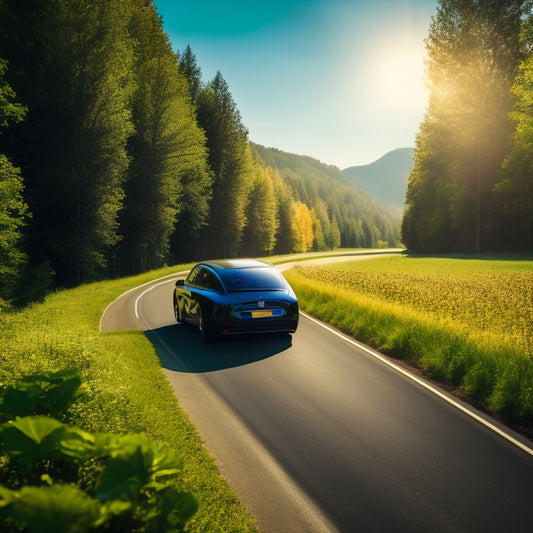 A bright, sunny highway with a sleek, black car in the foreground, its trunk open, revealing a compact solar car air compressor and a fully inflated tire, surrounded by lush greenery.