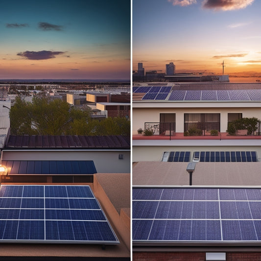 A split-screen image featuring a rooftop with solar panels on one side and a conventional electricity meter on the other, with contrasting bright and dim lighting, and varying meter speeds.