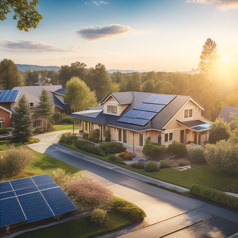 A serene landscape with a mix of homes and commercial buildings, surrounded by lush greenery, adorned with sleek solar panels on rooftops, and a subtle sun shining down with warm, golden light.