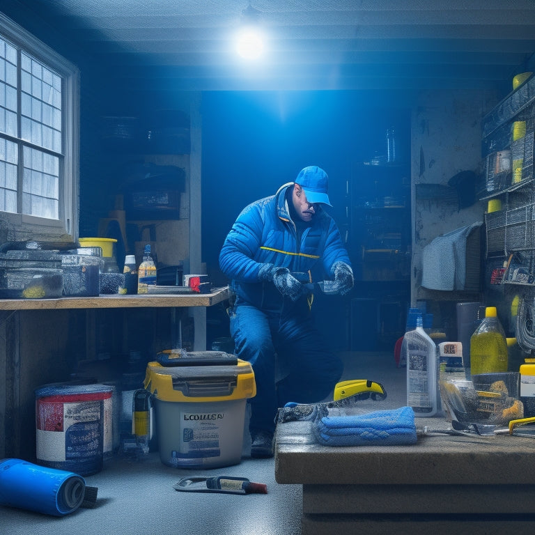 An illustration of a person in a garage, wearing a pair of gloves and holding a solar panel, with various waterproofing materials and tools scattered around, including a caulk gun, silicone sealant, and a microfiber cloth.