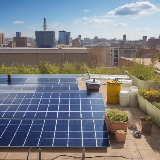 A bright, sunny rooftop with several solar panels installed, some dirty and streaked with grime, while others sparkle clean, with a few cleaning supplies like a hose, bucket, and soft brush nearby.