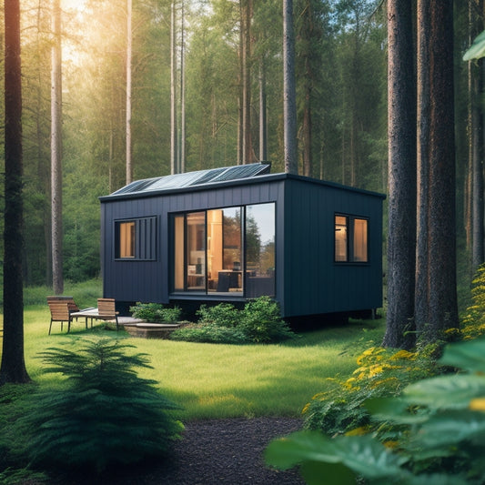 A serene off-grid cabin surrounded by lush greenery, with a sleek, modern home power battery backup system visible through a large window, featuring sleek black batteries and shiny metallic components.