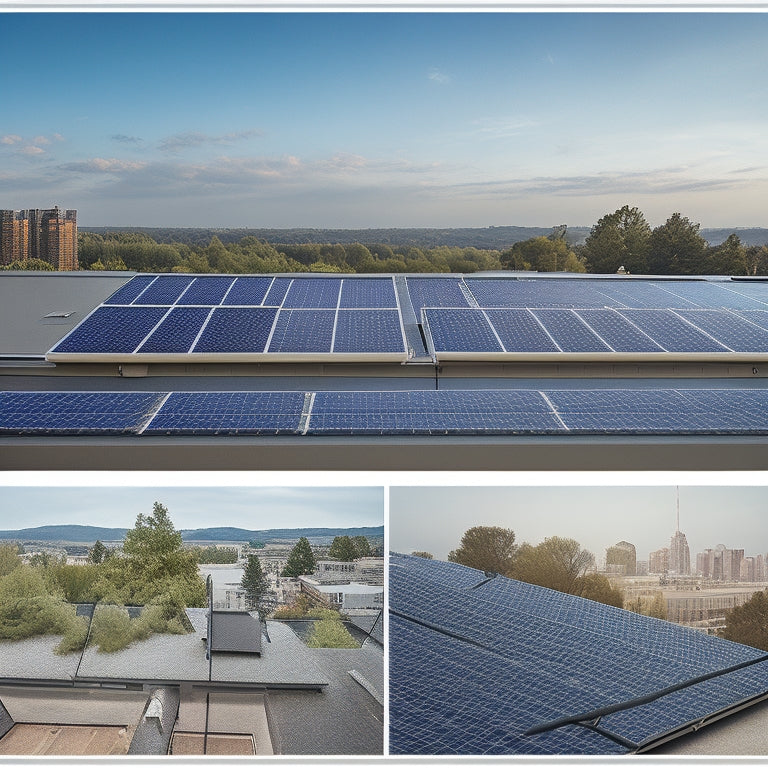 A serene rooftop scene with 5 distinct sections, each showcasing a stage of solar panel installation: assessing roof condition, measuring and marking, mounting rails, placing panels, and connecting to an inverter.