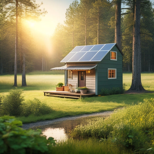 A serene rural landscape with a small off-grid cabin, surrounded by lush greenery, featuring a compact solar panel array angled on a wooden rack, connected to a battery bank and inverter inside the cabin.