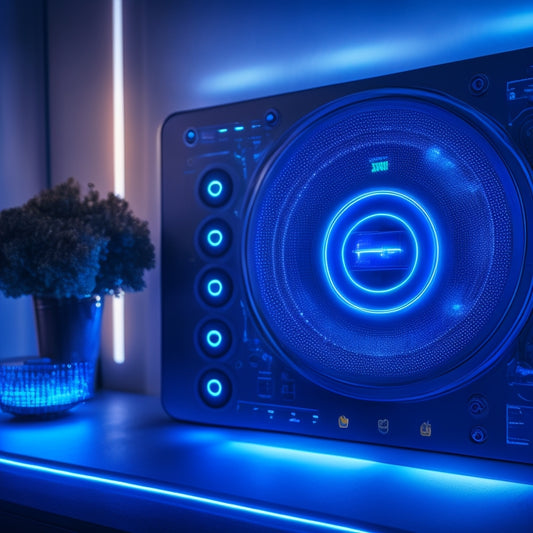 A futuristic, sleek, and modern smart home control panel with glowing blue lines, surrounded by orbiting circles of light, set against a dark background with subtle circuit board patterns.