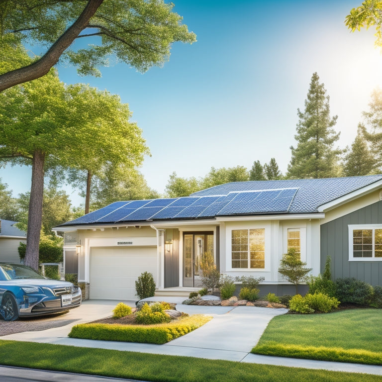 A serene suburban home with a sleek solar panel array on the roof, a compact energy storage system in the garage, and a bright, sunny backyard with a few trees and a hammock.