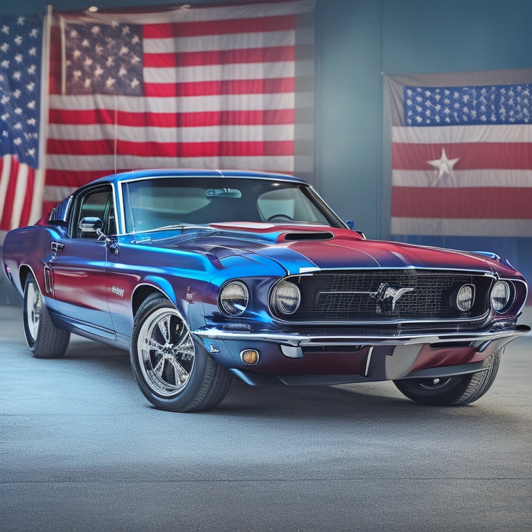 An illustration of a classic American muscle car, such as a 1969 Ford Mustang, with its hood up, revealing a sleek, high-tech electric motor and battery pack, set against a patriotic American flag backdrop.