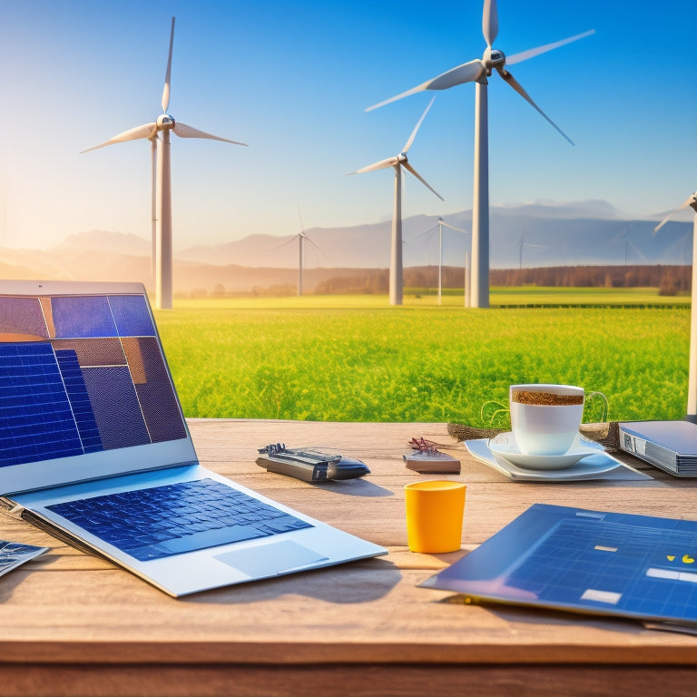 An illustration of a wind turbine and solar panels in the background, with a laptop in the foreground displaying a spreadsheet with charts and graphs, surrounded by scattered papers and coffee cups.