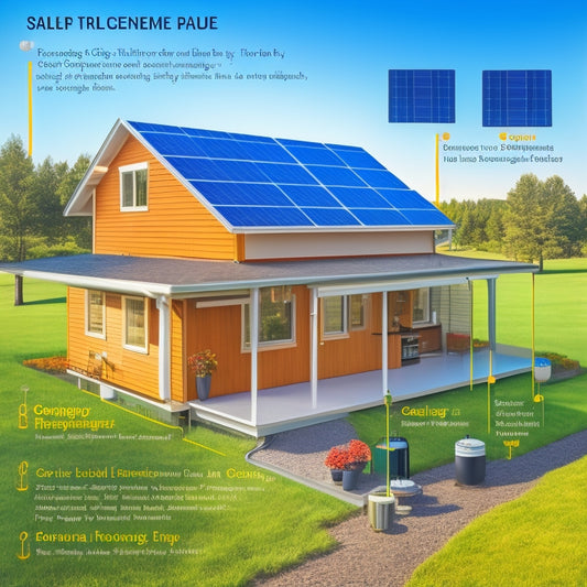 Illustrate a detailed, step-by-step diagram of a residential solar panel system connecting to house wiring, showcasing various components, including panels, inverters, meters, and electrical panels.