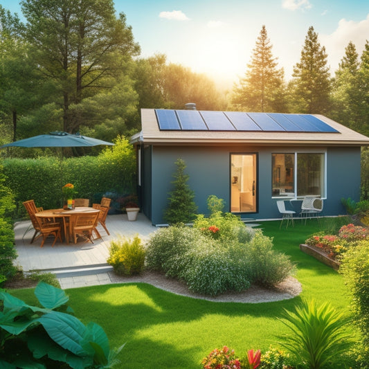 A serene, sunny backyard with a small, modern home featuring a rooftop solar panel array, surrounded by lush greenery, with a few solar panels angled at different directions.